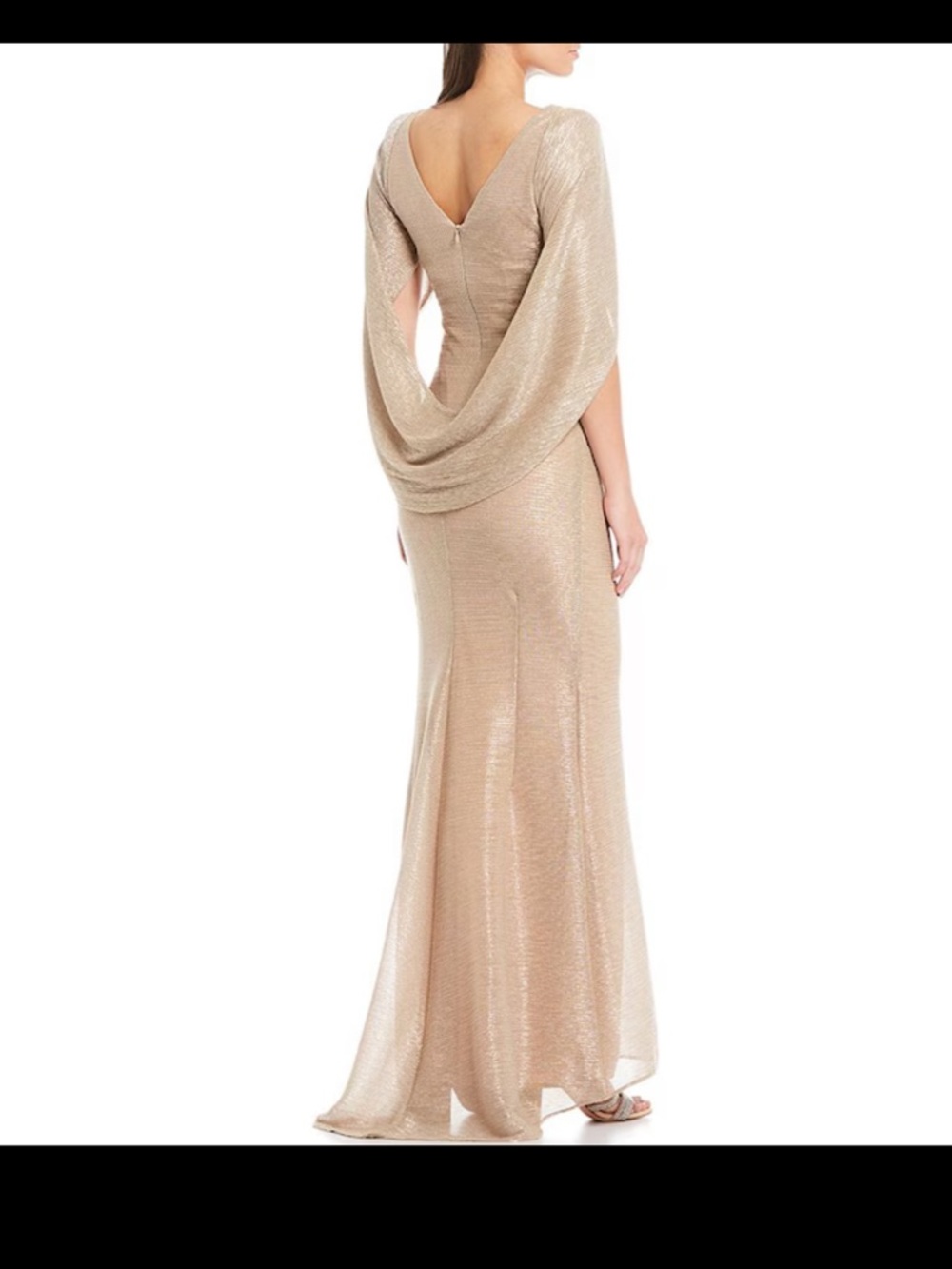 Betsy & Adam Metallic Champagne Gold Maxi Gown with Draped Cape Sleeve - Picture 2 of 4